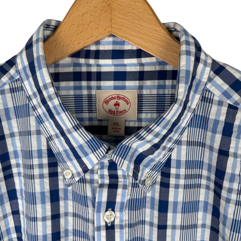 Brooks Brothers Red Fleece Seersucker‎ Shirt Mens XXL Blue Plaid Button Down
